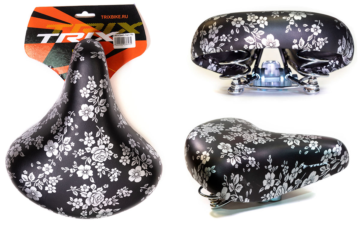 Седло TRIX комфорт 245x210 мм, пружинное, черное, дизайн цветы (30)
