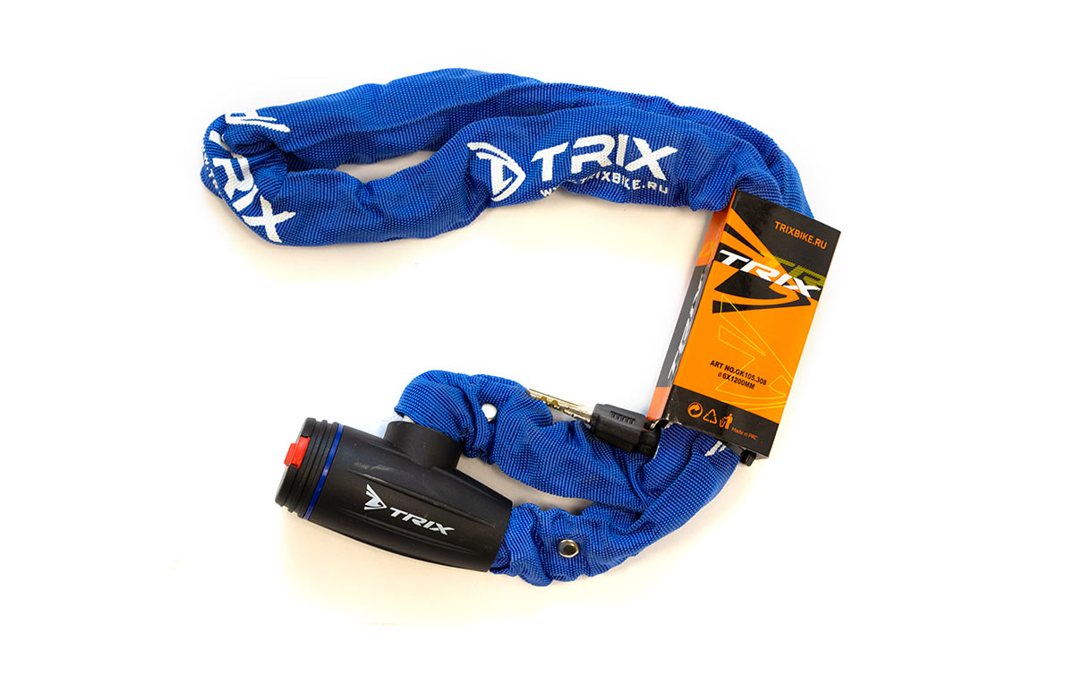 Замок противоугонный TRIX, цепь, с ключами, 61200мм, в тканевой оплетке, голубой(10/20)