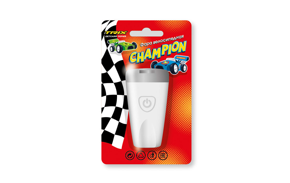 Фара TRIX Champion детская, передняя, 1 супер яркий белый диод, линза,3 режима, силикон, белая (20/1